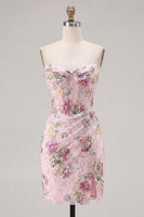 Load image into Gallery viewer, Floral Corset Tight Short Sparkly Ruched Pink Beaded Prom Dress with Slit