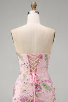 Load image into Gallery viewer, Floral Corset Tight Short Sparkly Ruched Pink Beaded Prom Dress with Slit