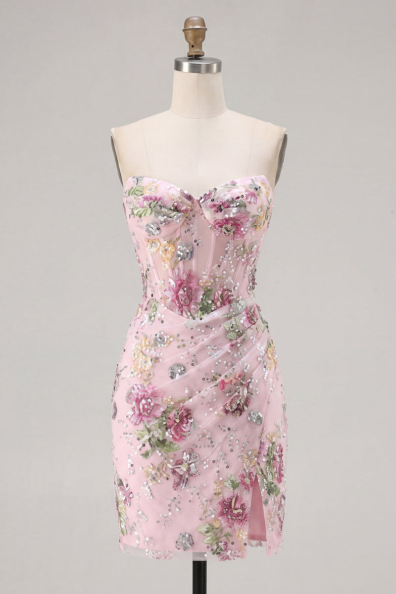Load image into Gallery viewer, Floral Corset Tight Short Sparkly Ruched Pink Beaded Prom Dress with Slit