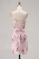 Load image into Gallery viewer, Floral Corset Tight Short Sparkly Ruched Pink Beaded Prom Dress with Slit