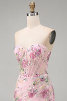 Load image into Gallery viewer, Floral Corset Tight Short Sparkly Ruched Pink Beaded Prom Dress with Slit