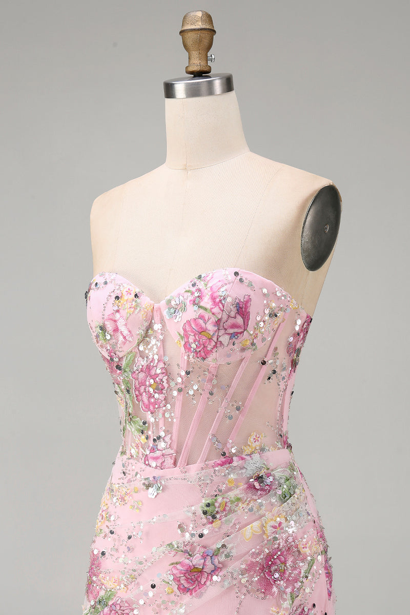 Load image into Gallery viewer, Floral Corset Tight Short Sparkly Ruched Pink Beaded Prom Dress with Slit