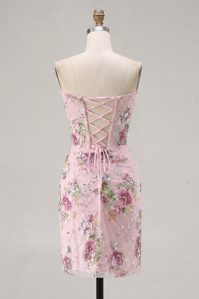 Load image into Gallery viewer, Floral Corset Tight Short Sparkly Ruched Pink Beaded Prom Dress with Slit