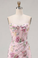 Load image into Gallery viewer, Floral Corset Tight Short Sparkly Ruched Pink Beaded Prom Dress with Slit