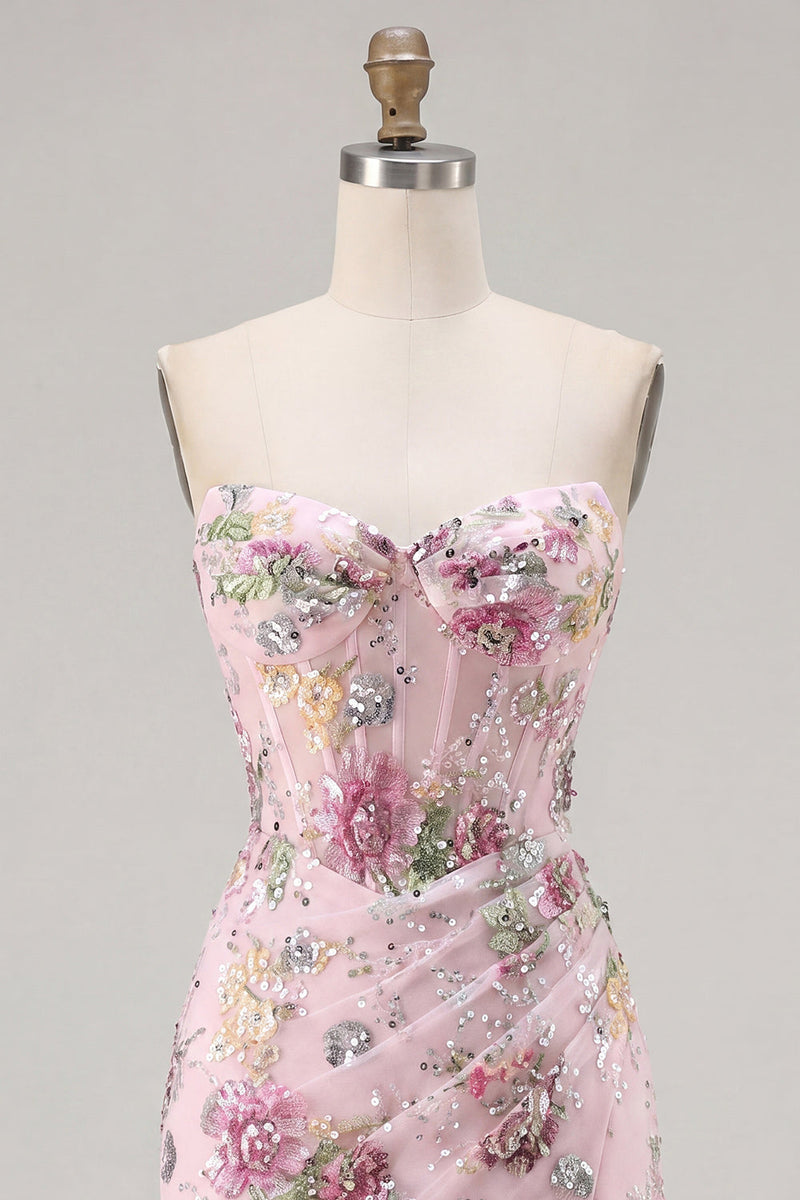 Load image into Gallery viewer, Floral Corset Tight Short Sparkly Ruched Pink Beaded Prom Dress with Slit