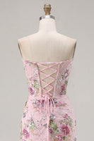 Load image into Gallery viewer, Floral Corset Tight Short Sparkly Ruched Pink Beaded Prom Dress with Slit