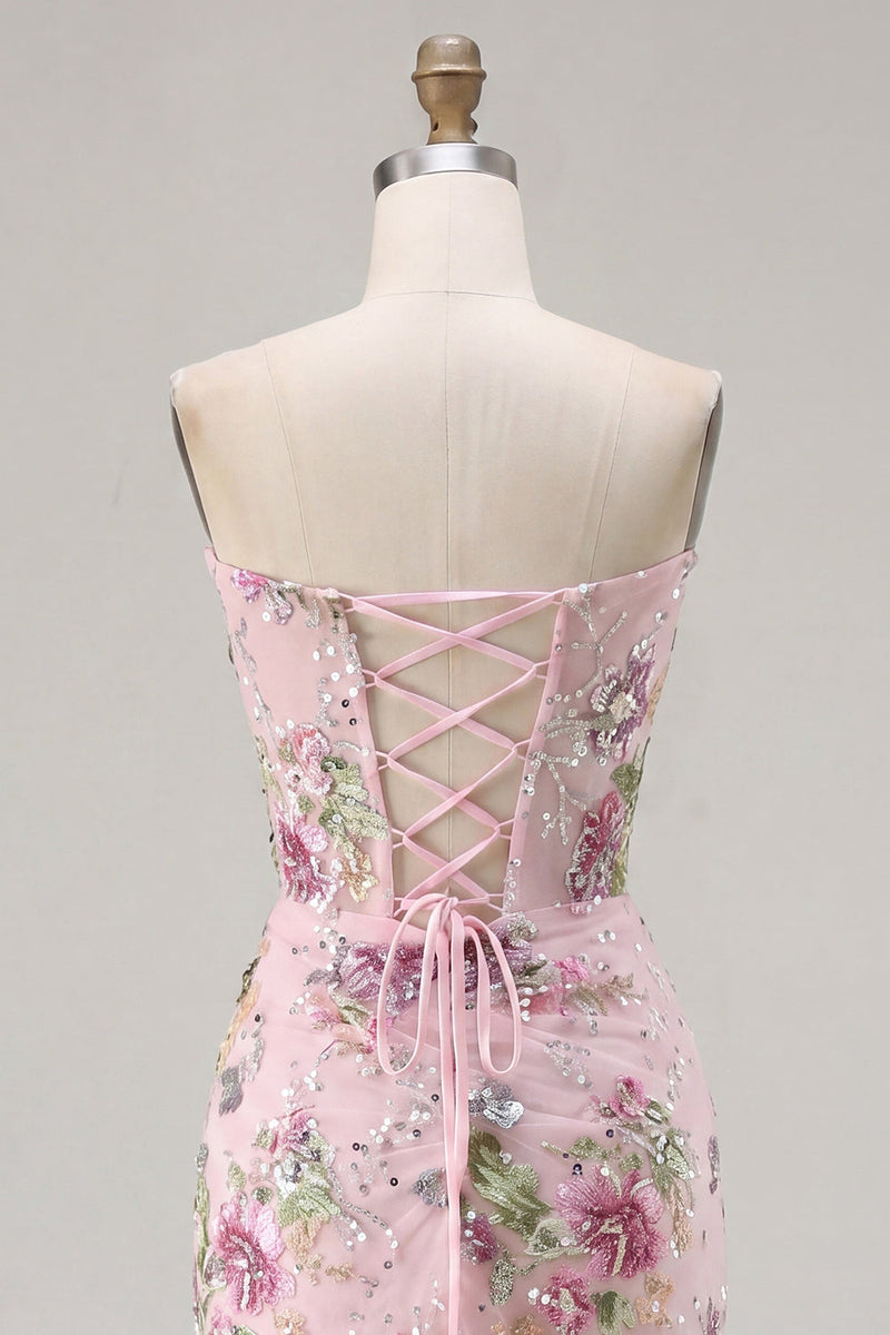 Load image into Gallery viewer, Floral Corset Tight Short Sparkly Ruched Pink Beaded Prom Dress with Slit