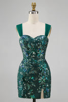 Load image into Gallery viewer, Sparkly Dark Green Tight Floral Short Beaded Prom Dress with Slit