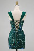 Load image into Gallery viewer, Sparkly Dark Green Tight Floral Short Beaded Prom Dress with Slit