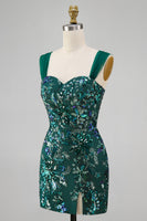 Load image into Gallery viewer, Sparkly Dark Green Tight Floral Short Beaded Prom Dress with Slit