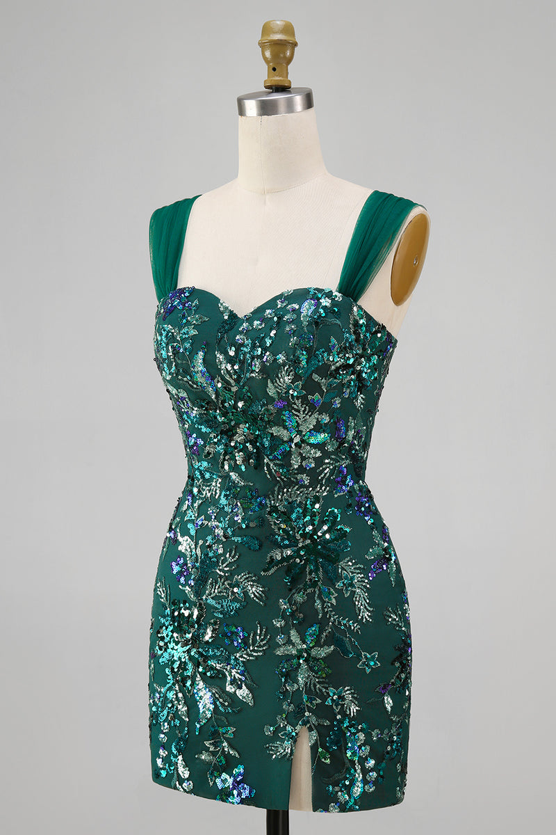 Load image into Gallery viewer, Sparkly Dark Green Tight Floral Short Beaded Prom Dress with Slit
