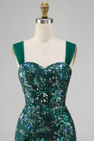 Load image into Gallery viewer, Sparkly Dark Green Tight Floral Short Beaded Prom Dress with Slit