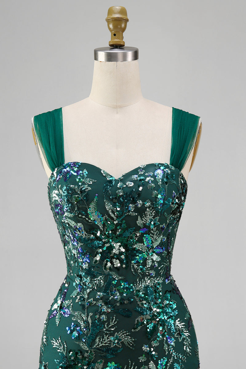 Load image into Gallery viewer, Sparkly Dark Green Tight Floral Short Beaded Prom Dress with Slit