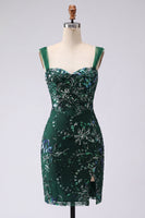 Load image into Gallery viewer, Sparkly Dark Green Tight Floral Short Beaded Prom Dress with Slit
