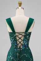 Load image into Gallery viewer, Sparkly Dark Green Tight Floral Short Beaded Prom Dress with Slit