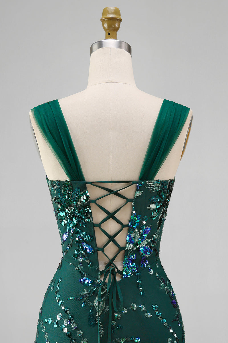 Load image into Gallery viewer, Sparkly Dark Green Tight Floral Short Beaded Prom Dress with Slit