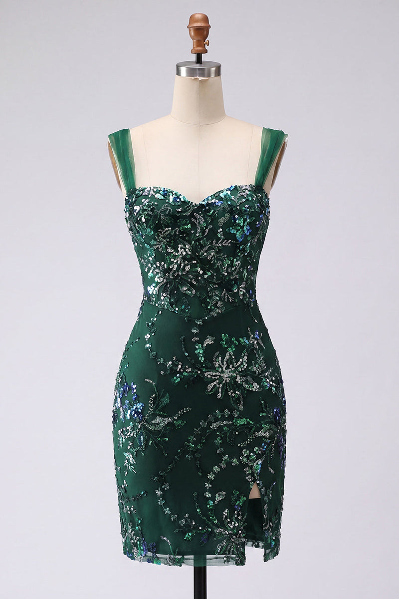 Load image into Gallery viewer, Sparkly Dark Green Tight Floral Short Beaded Prom Dress with Slit