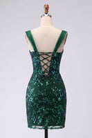 Load image into Gallery viewer, Sparkly Dark Green Tight Floral Short Beaded Prom Dress with Slit