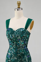 Load image into Gallery viewer, Sparkly Dark Green Tight Floral Short Beaded Prom Dress with Slit