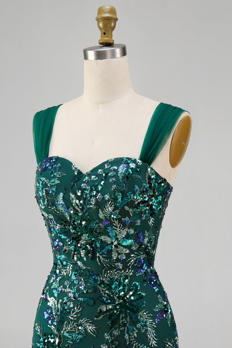Load image into Gallery viewer, Sparkly Dark Green Tight Floral Short Beaded Prom Dress with Slit