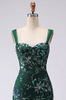 Load image into Gallery viewer, Sparkly Dark Green Tight Floral Short Beaded Prom Dress with Slit