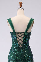 Load image into Gallery viewer, Sparkly Dark Green Tight Floral Short Beaded Prom Dress with Slit