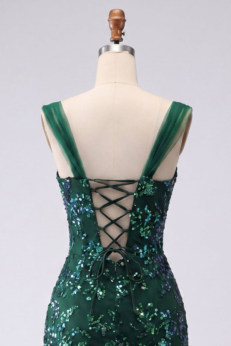 Load image into Gallery viewer, Sparkly Dark Green Tight Floral Short Beaded Prom Dress with Slit