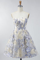 Load image into Gallery viewer, Dusty Blue A Line Corset Floral Strapless Jacquard Short Prom Dress