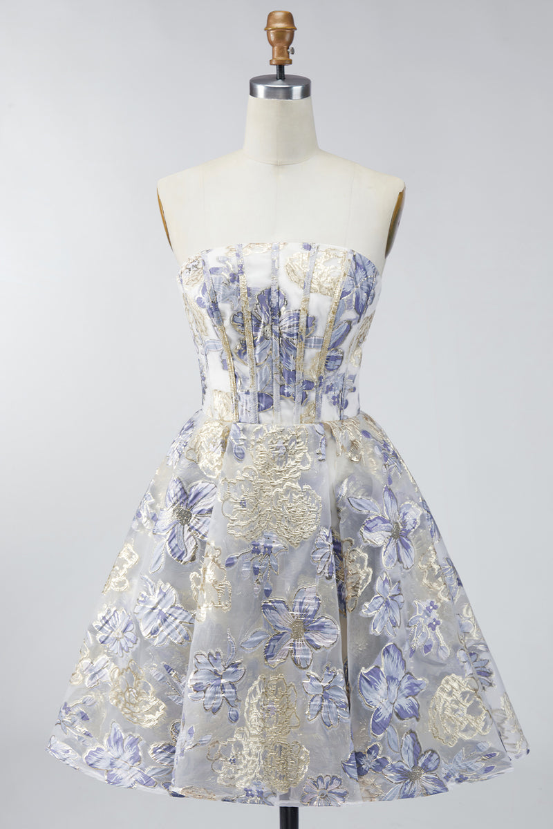 Load image into Gallery viewer, Dusty Blue A Line Corset Floral Strapless Jacquard Short Prom Dress