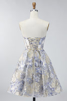 Load image into Gallery viewer, Dusty Blue A Line Corset Floral Strapless Jacquard Short Prom Dress