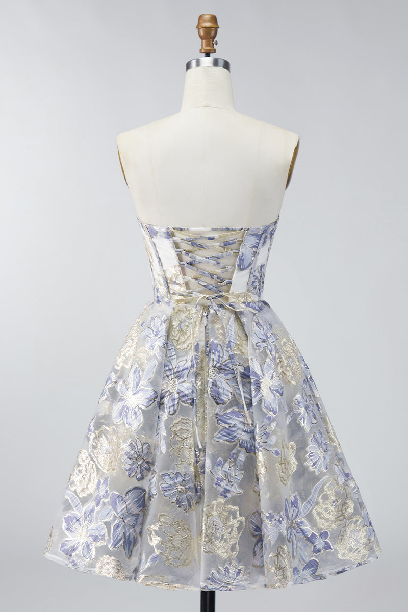 Load image into Gallery viewer, Dusty Blue A Line Corset Floral Strapless Jacquard Short Prom Dress