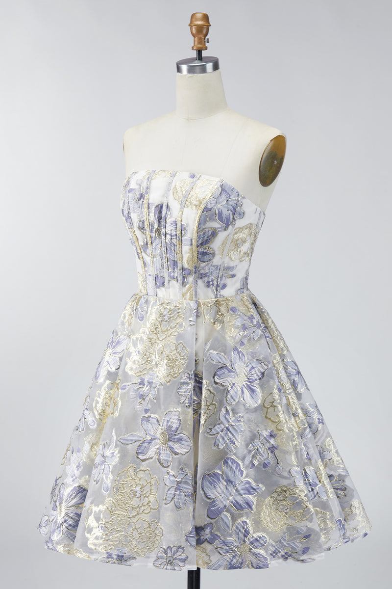 Load image into Gallery viewer, Dusty Blue A Line Corset Floral Strapless Jacquard Short Prom Dress