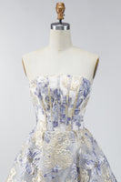 Load image into Gallery viewer, Dusty Blue A Line Corset Floral Strapless Jacquard Short Prom Dress