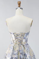 Load image into Gallery viewer, Dusty Blue A Line Corset Floral Strapless Jacquard Short Prom Dress