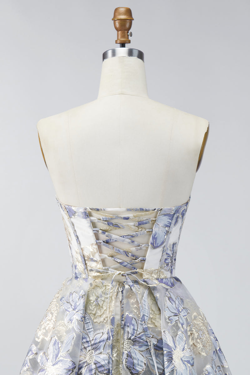 Load image into Gallery viewer, Dusty Blue A Line Corset Floral Strapless Jacquard Short Prom Dress