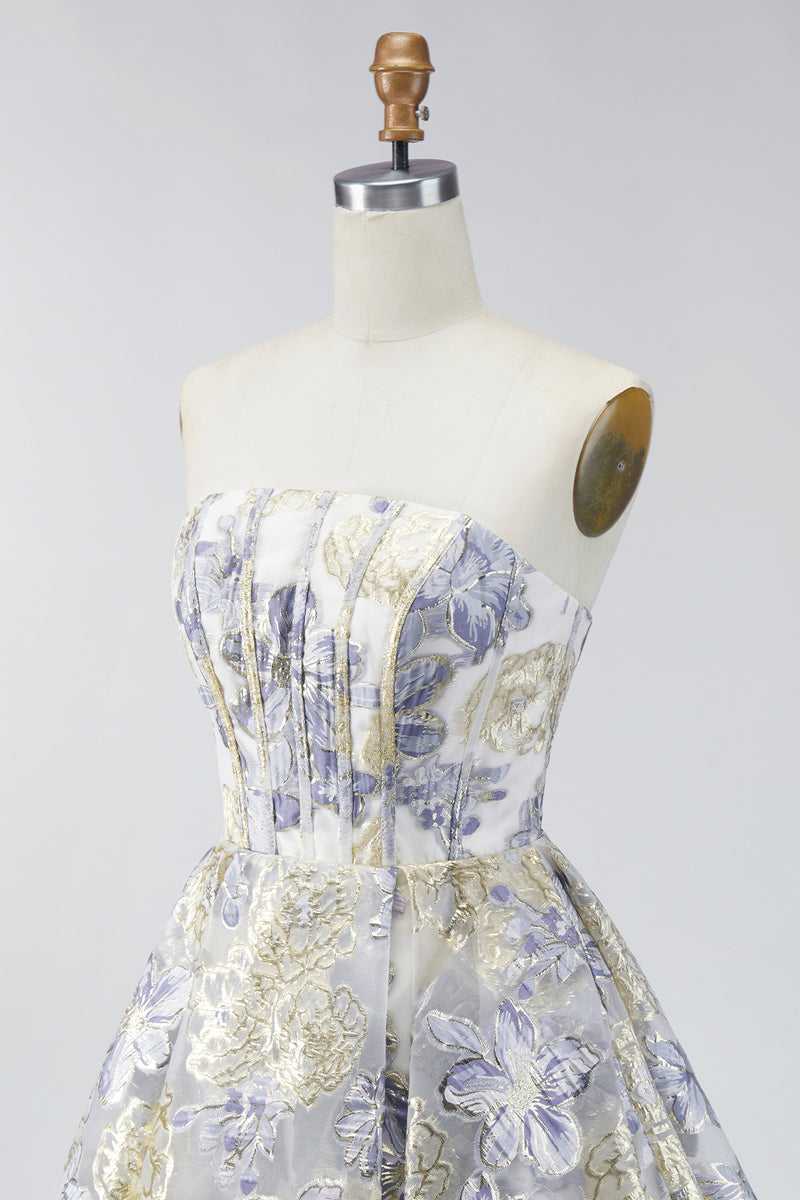 Load image into Gallery viewer, Dusty Blue A Line Corset Floral Strapless Jacquard Short Prom Dress