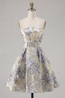 Load image into Gallery viewer, Dusty Blue A Line Corset Floral Strapless Jacquard Short Prom Dress