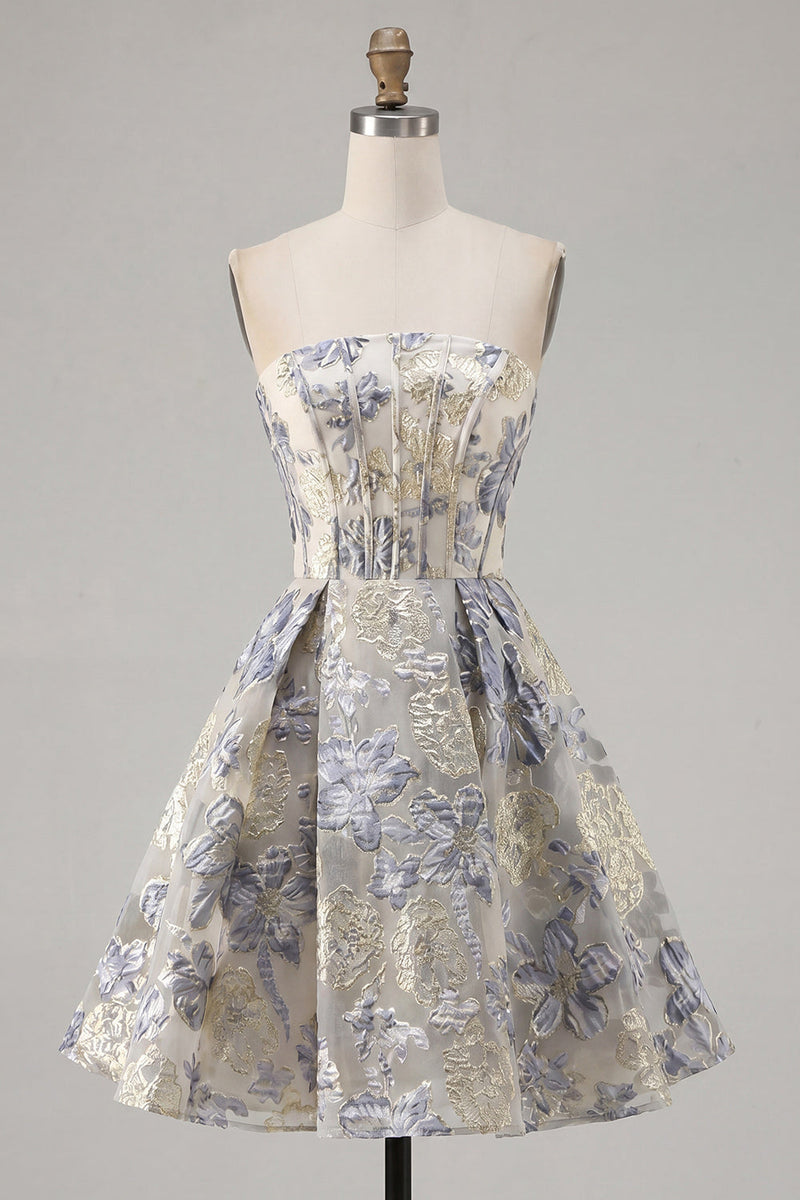 Load image into Gallery viewer, Dusty Blue A Line Corset Floral Strapless Jacquard Short Prom Dress