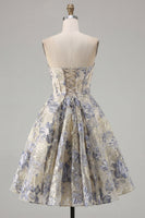 Load image into Gallery viewer, Dusty Blue A Line Corset Floral Strapless Jacquard Short Prom Dress