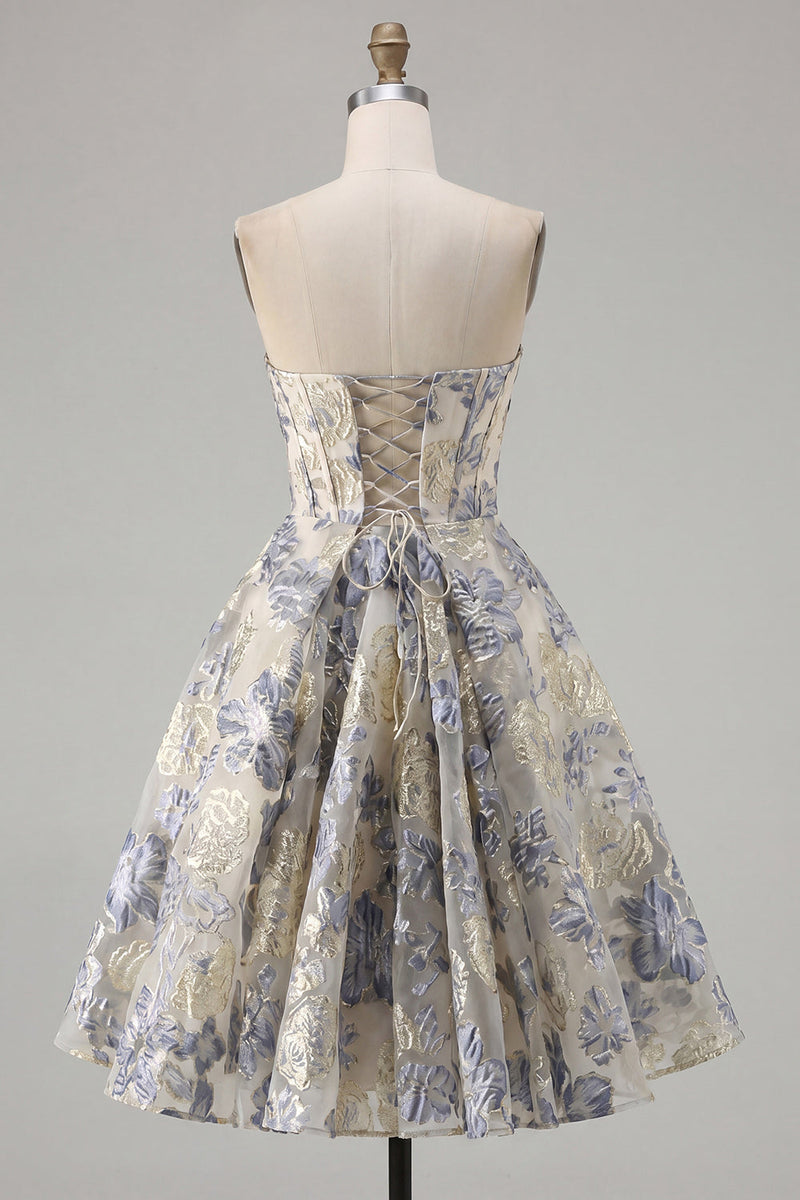 Load image into Gallery viewer, Dusty Blue A Line Corset Floral Strapless Jacquard Short Prom Dress