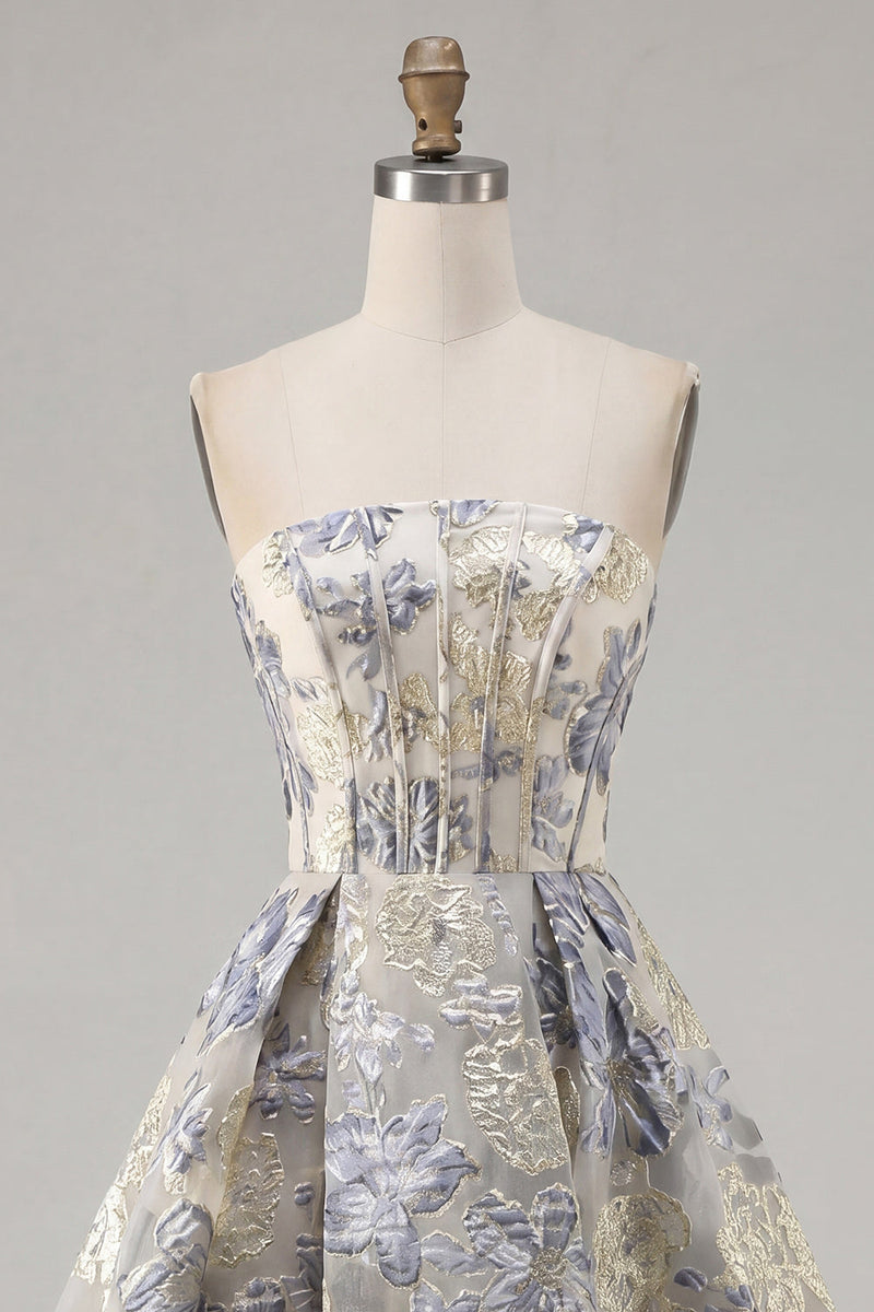 Load image into Gallery viewer, Dusty Blue A Line Corset Floral Strapless Jacquard Short Prom Dress