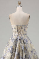 Load image into Gallery viewer, Dusty Blue A Line Corset Floral Strapless Jacquard Short Prom Dress