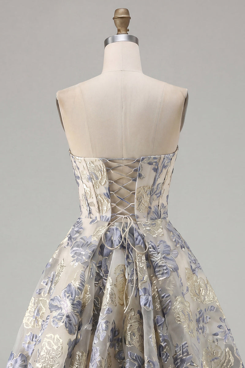 Load image into Gallery viewer, Dusty Blue A Line Corset Floral Strapless Jacquard Short Prom Dress