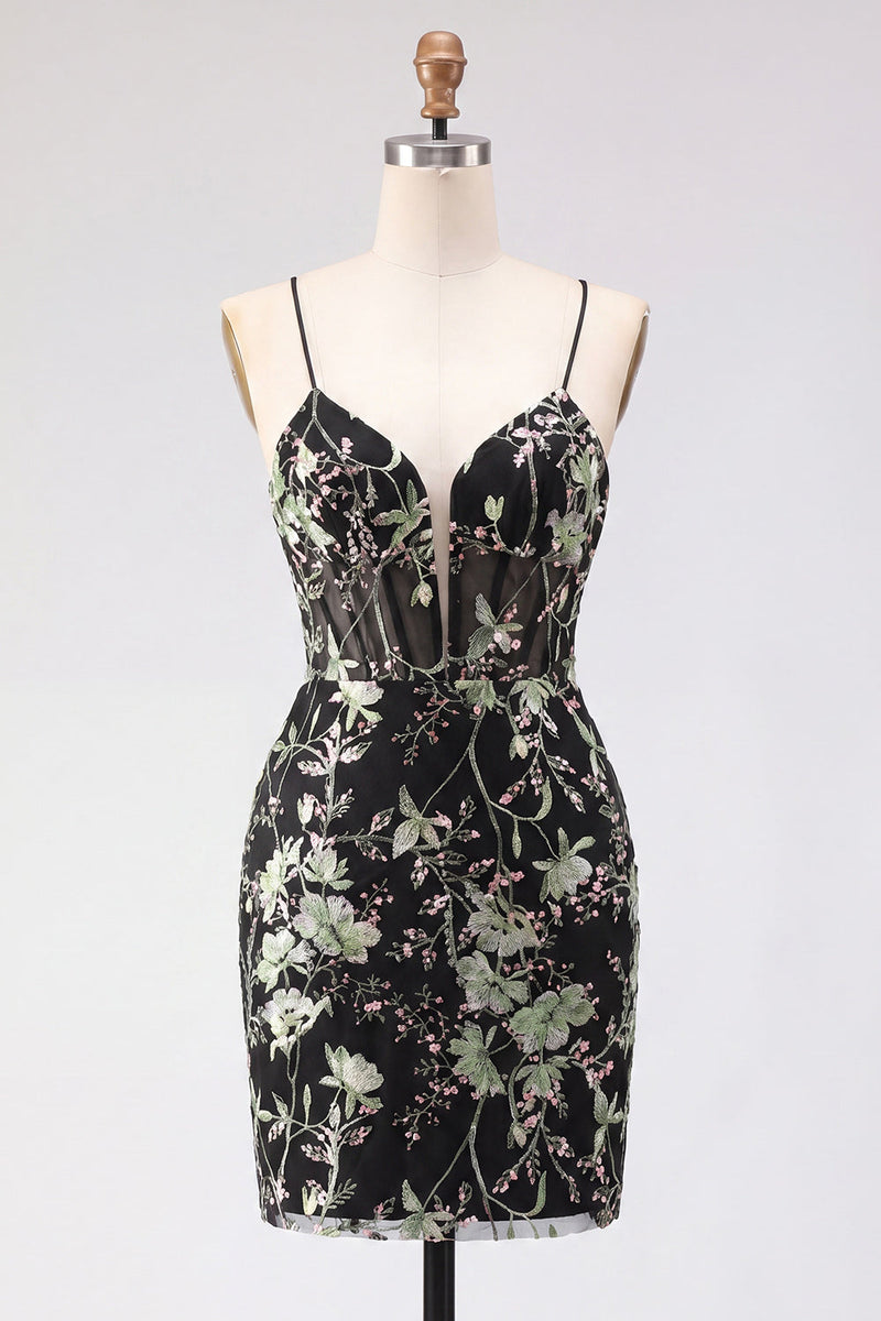 Load image into Gallery viewer, Sparkly Pink Floral Tight Corset Short Beaded Spaghetti Straps Prom Dress