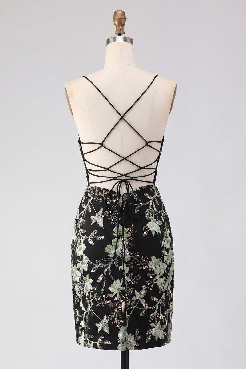 Load image into Gallery viewer, Sparkly Pink Floral Tight Corset Short Beaded Spaghetti Straps Prom Dress