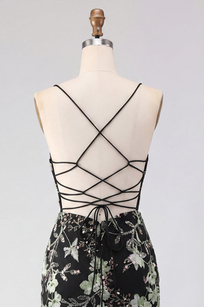 Load image into Gallery viewer, Sparkly Pink Floral Tight Corset Short Beaded Spaghetti Straps Prom Dress