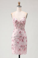 Load image into Gallery viewer, Sparkly Pink Floral Tight Corset Short Beaded Spaghetti Straps Prom Dress