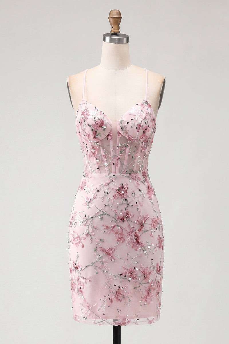 Load image into Gallery viewer, Sparkly Pink Floral Tight Corset Short Beaded Spaghetti Straps Prom Dress