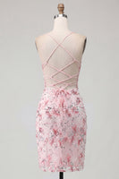 Load image into Gallery viewer, Sparkly Pink Floral Tight Corset Short Beaded Spaghetti Straps Prom Dress