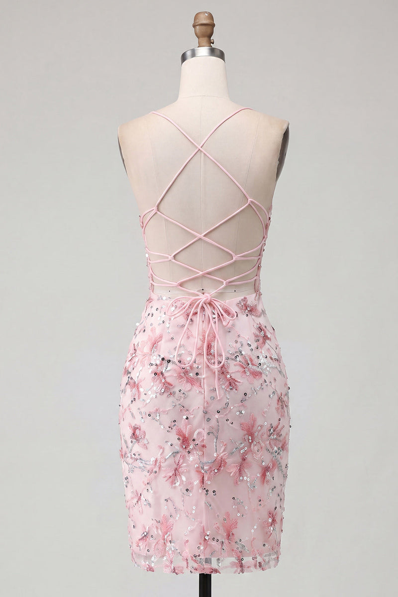Load image into Gallery viewer, Sparkly Pink Floral Tight Corset Short Beaded Spaghetti Straps Prom Dress